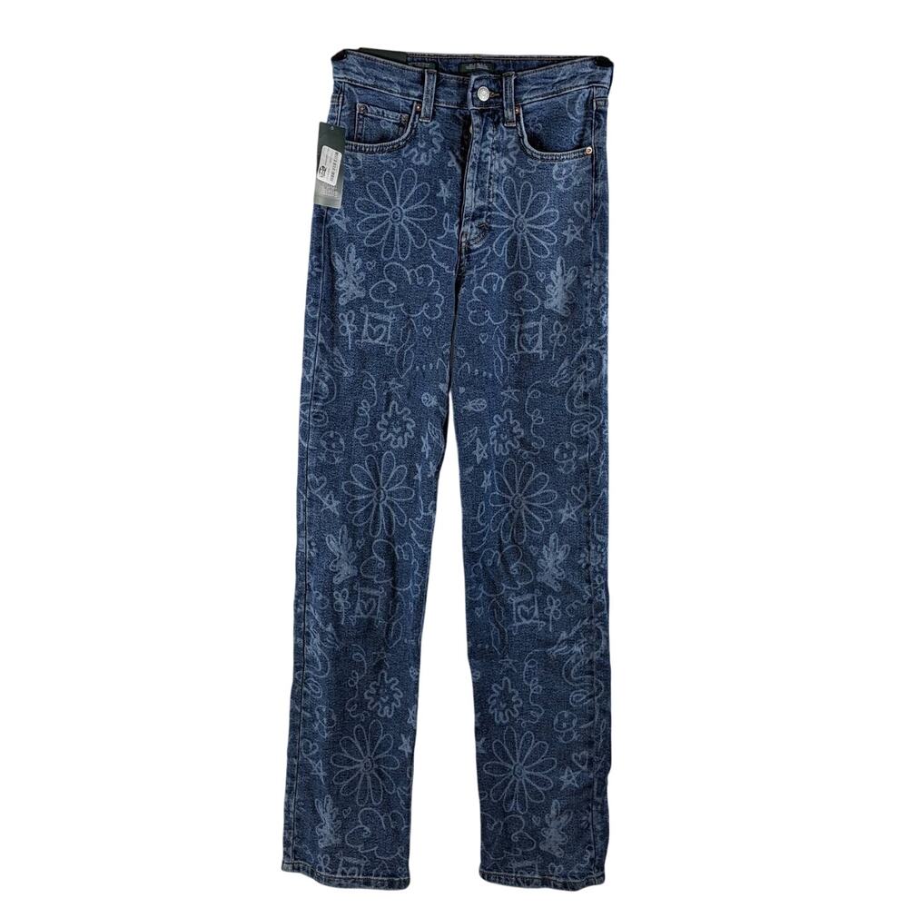 Wild Fable Jeans Doodle Print Super High Rise Straight Medium Wash 00 Casual 90s